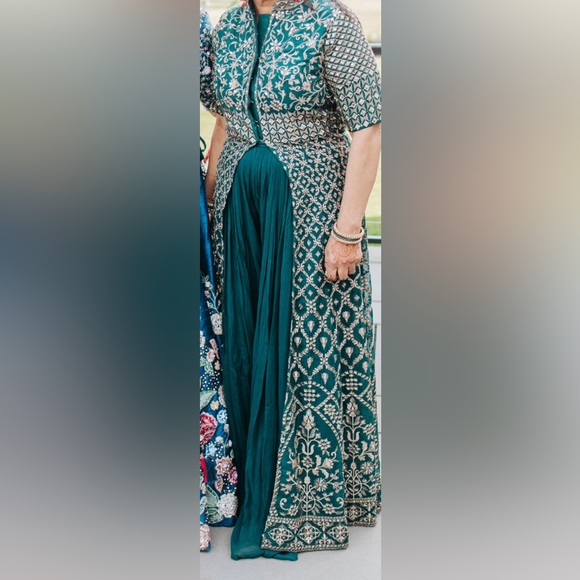 Women’s Emerald Green Mirror Work Anarkali Empire Waist Jacket Palazzo Set - Picture 9 of 9